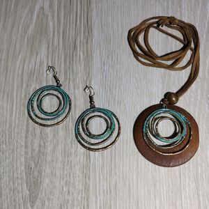 3 piece Set - Bronze/Leather/Wood Necklace & Earrings - New